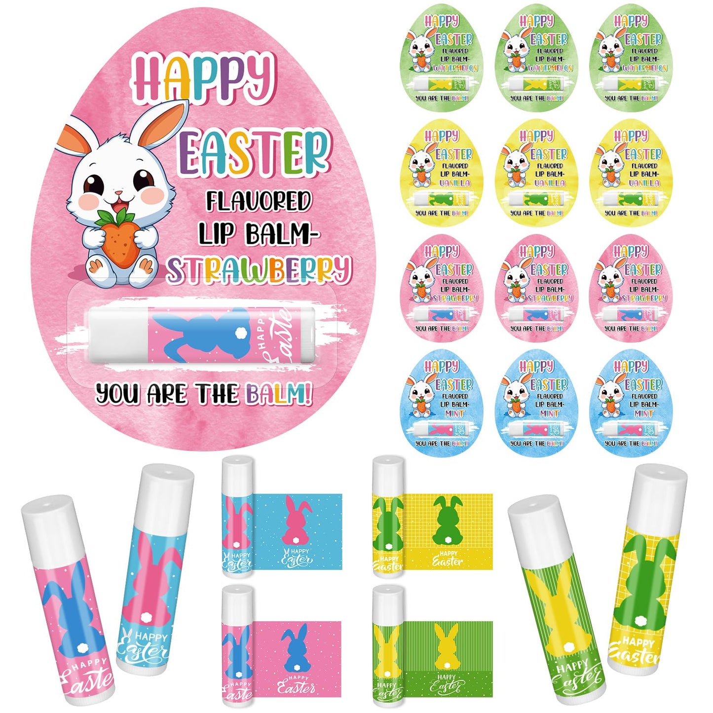 Heigble 48 Pcs Easter Lip Balm Bulk Easter Basket Stuffers Natural Flavored Friends Lip Balm Gift Lip Moisturizer Lips Care Products for Women Girls Kid Employee (Fresh Flavor,Classic Style)