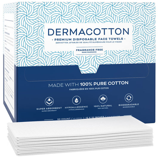 Dermacotton [100 X-Large Towels] 100% Biodegradable Disposable Cotton Face Towels – Super Soft Face Wipes, Hypoallergenic Makeup Remover Wipes, For All Skin Types Incl. Sensitive Skin, Facial Cloths