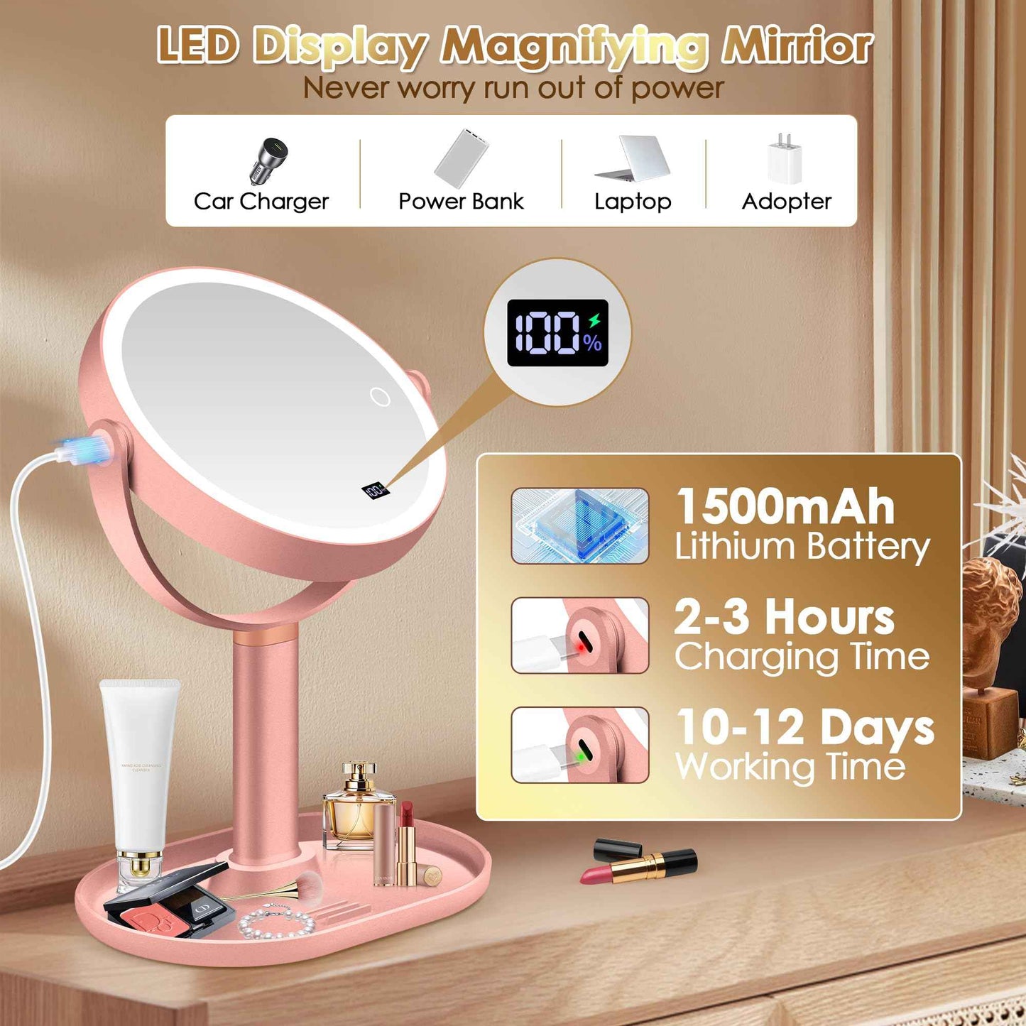 MIYADIVA Makeup Mirror with Lights, 30X/1X Magnifying Mirror with Digital Display, Height Adjustable Tabletop Mirrors, Detachable for Travel, Vanity Mirrors with Phone Holders, Rose Gold