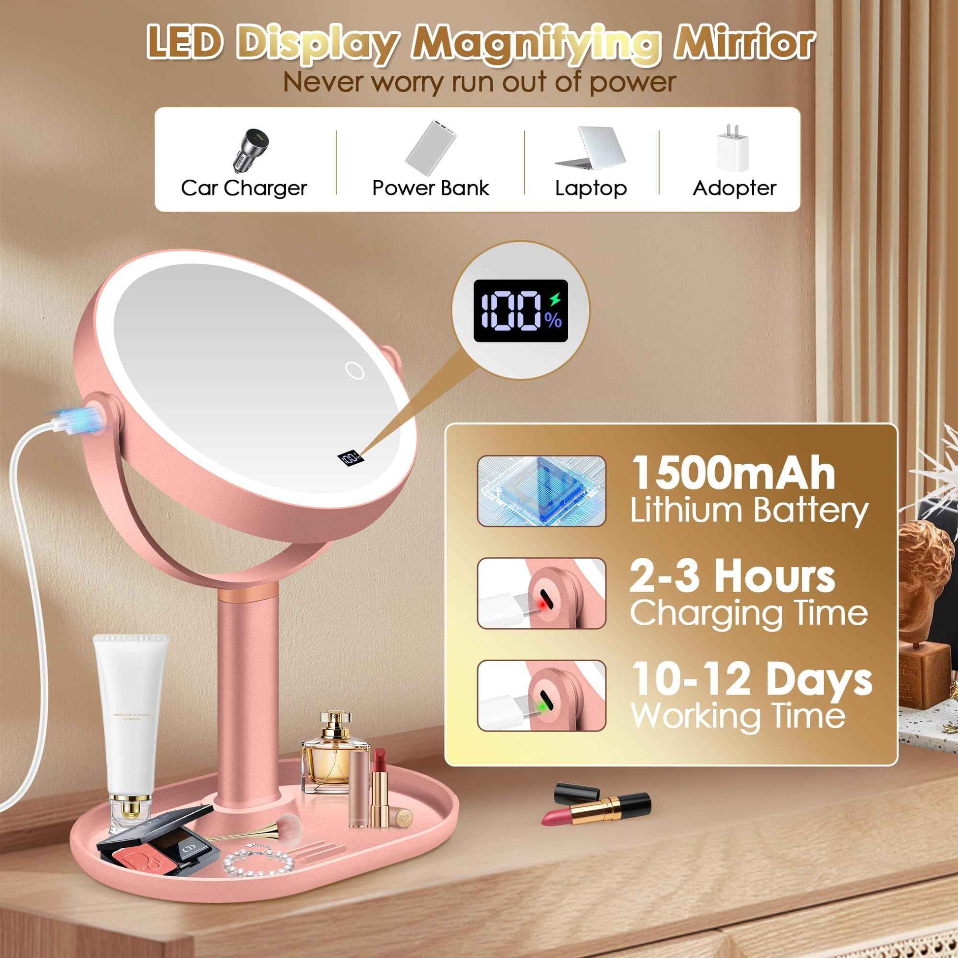 MIYADIVA Makeup Mirror with Lights, 30X/1X Magnifying Mirror with Digital Display, Height Adjustable Tabletop Mirrors, Detachable for Travel, Vanity Mirrors with Phone Holders, Rose Gold