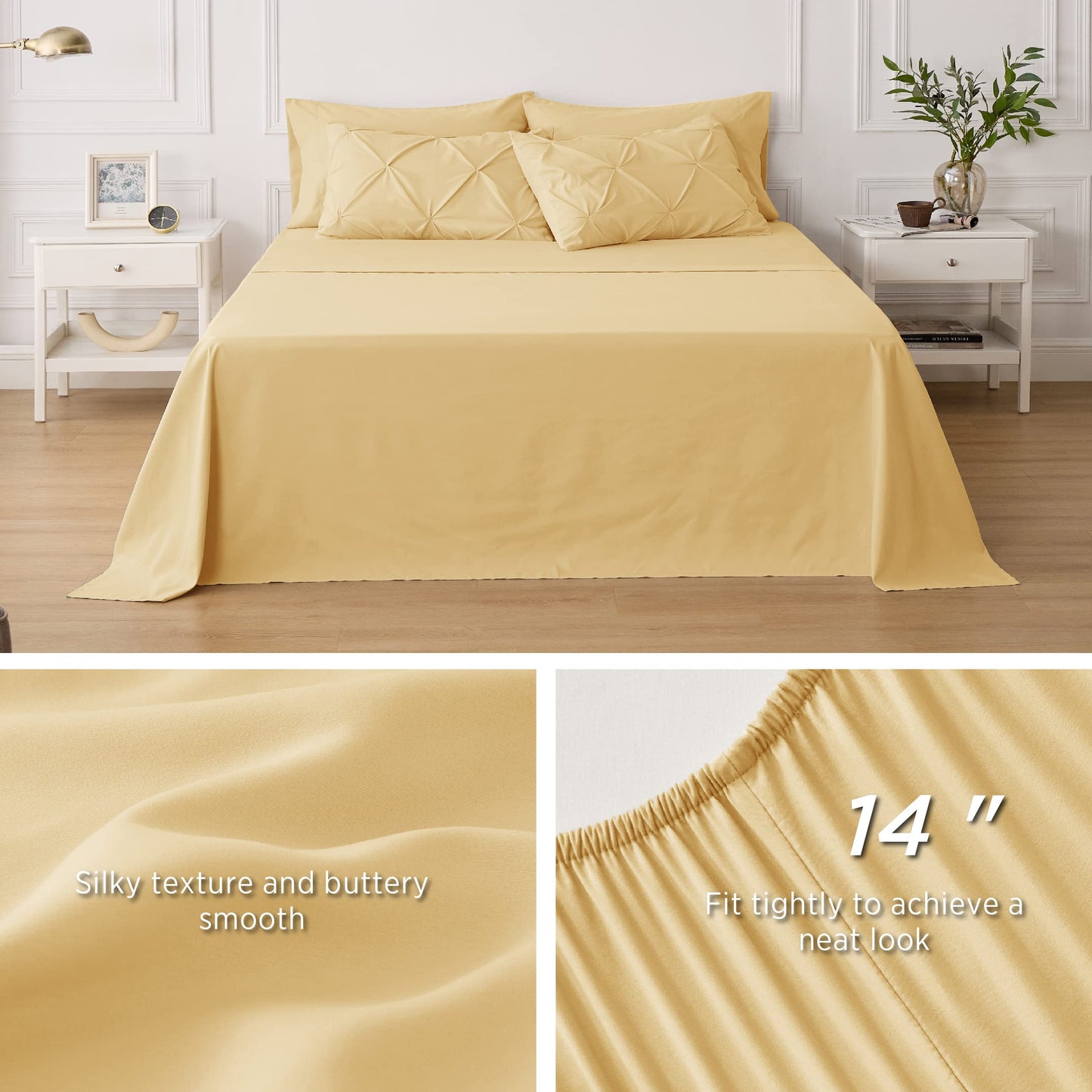 Bedsure Twin Comforter Set with Sheets - 5 Pieces Twin Bedding Sets, Pinch Pleat Yellow Twin Bed in a Bag with Comforter, Sheets, Pillowcase & Sham