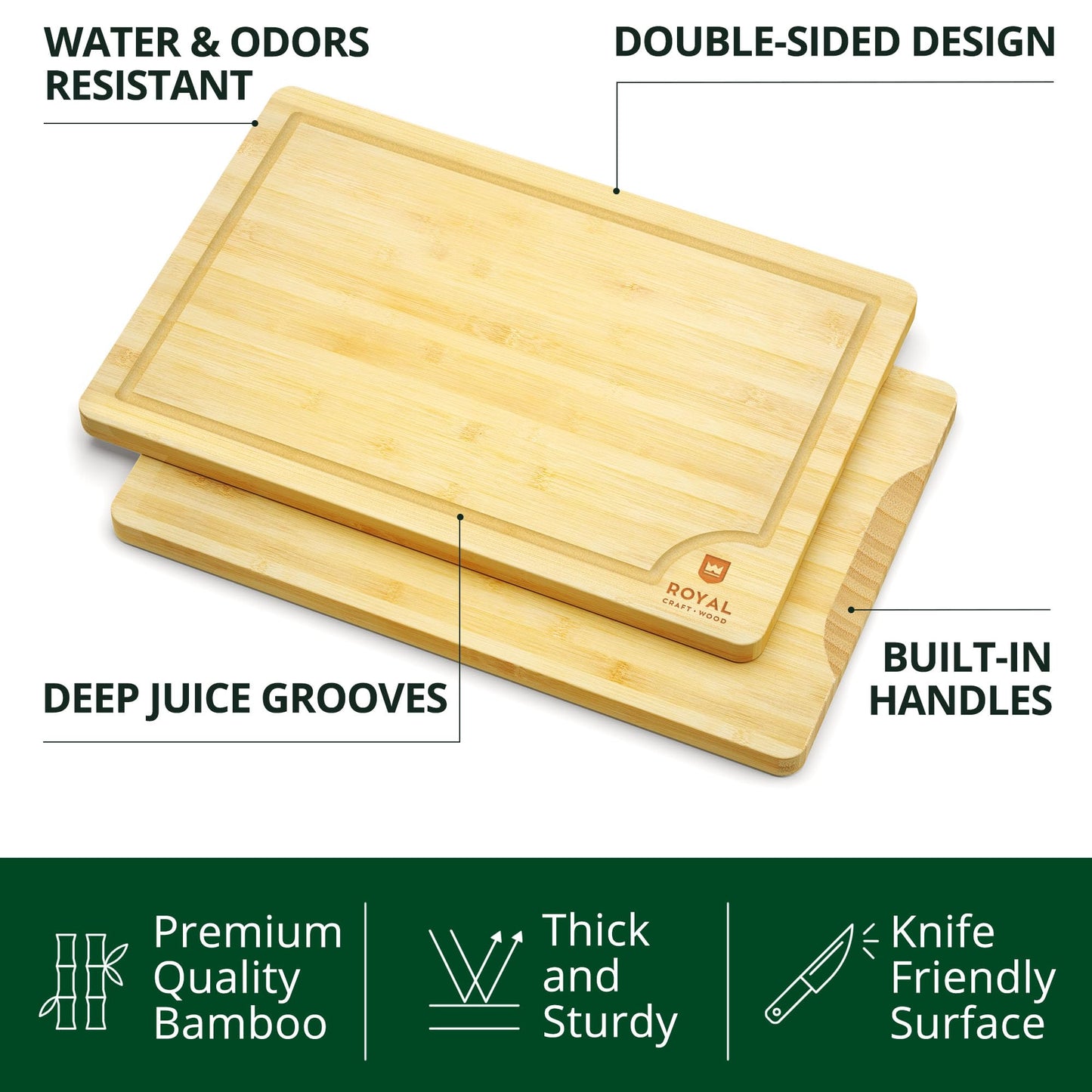 ROYAL CRAFT WOOD Wooden Serving Boards for Kitchen Meal & Cutting-Bamboo Cutting Board Set with Juice Groove Side Handles - Charcuterie & Chopping Butcher Block for Meat-Kitchen Gadgets Gift(2 Pcs)