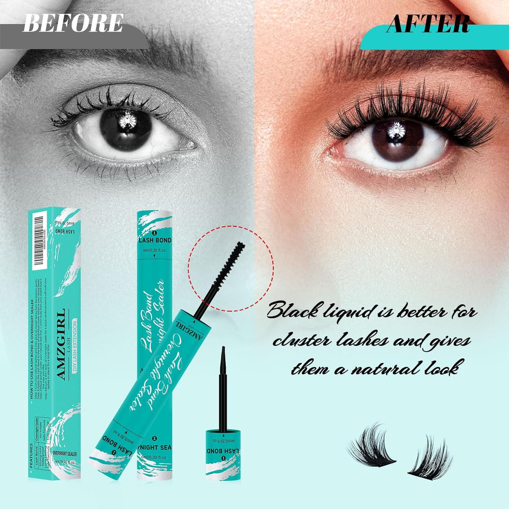 Lash Bond and Seal Eyelash Cluster Glue House of Lash Clusters Mascara Wand Glue 10ml Long Lasting 72 Hours Black Cluster Lash Glue + Lash Seal 2 in 1 Lash Clusters at Home By AMZGlRL(Black)