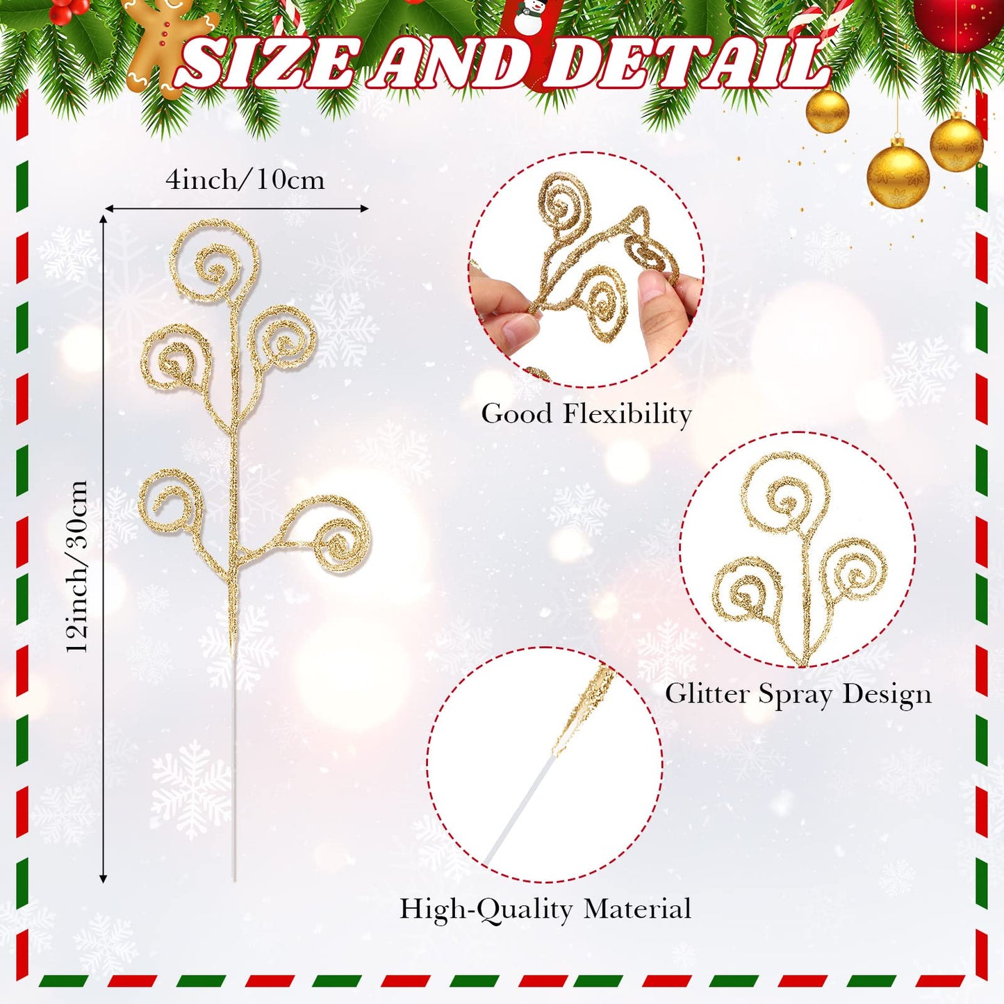 Ysleen 50 Pcs Glitter Christmas Tree Picks and Sprays Twigs Artificial Curly Stem Picks Ornaments 12 Inch Branches Sticks for Xmas Wreath Vase Fillers Gift Decoration(Gold)