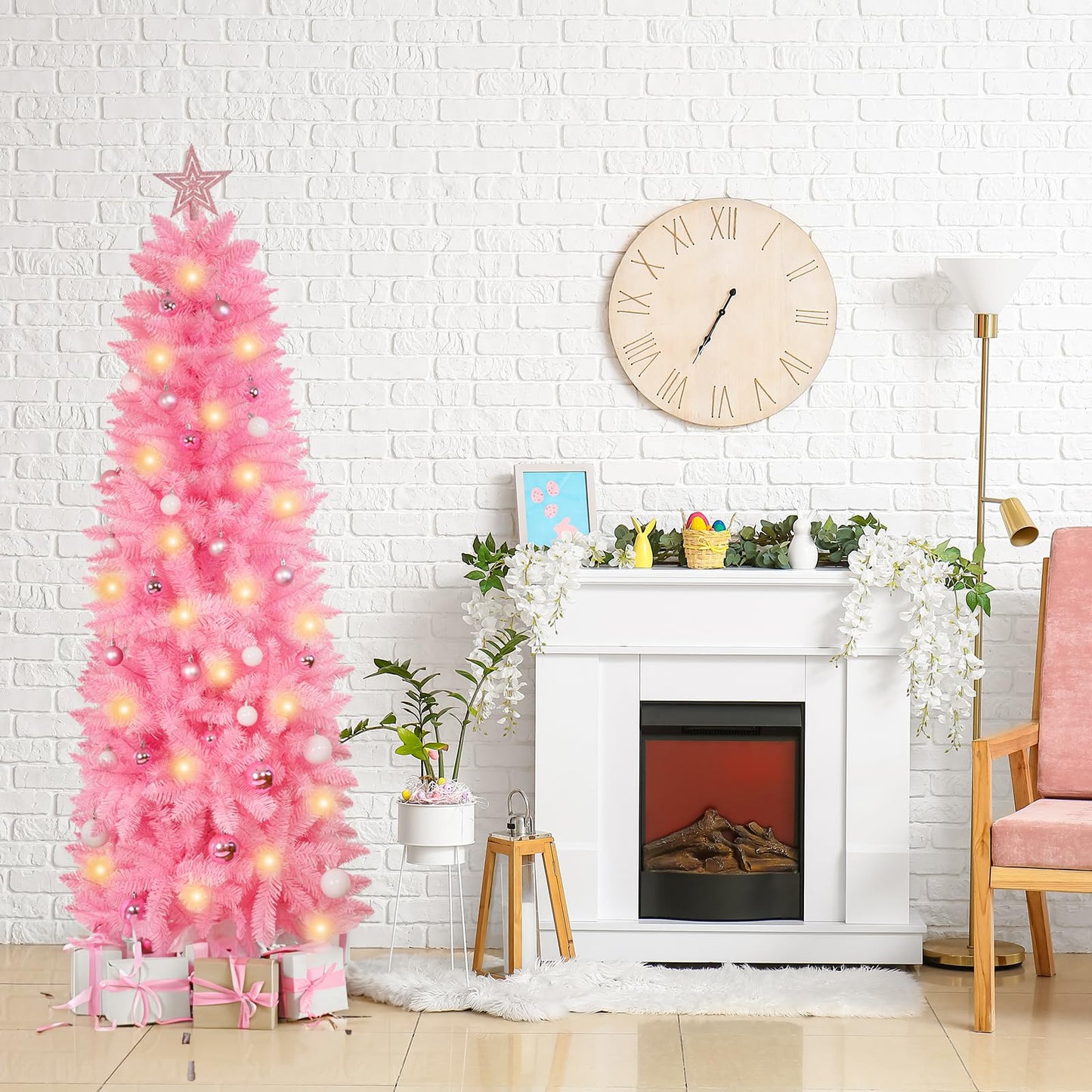 XmasExp Pink Skinny Pencil Christmas Tree, 6ft Artificial Slim Thin Christmas Tree with Warm LED Lights String 8 Lighting Modes and Christmas Ball Onaments