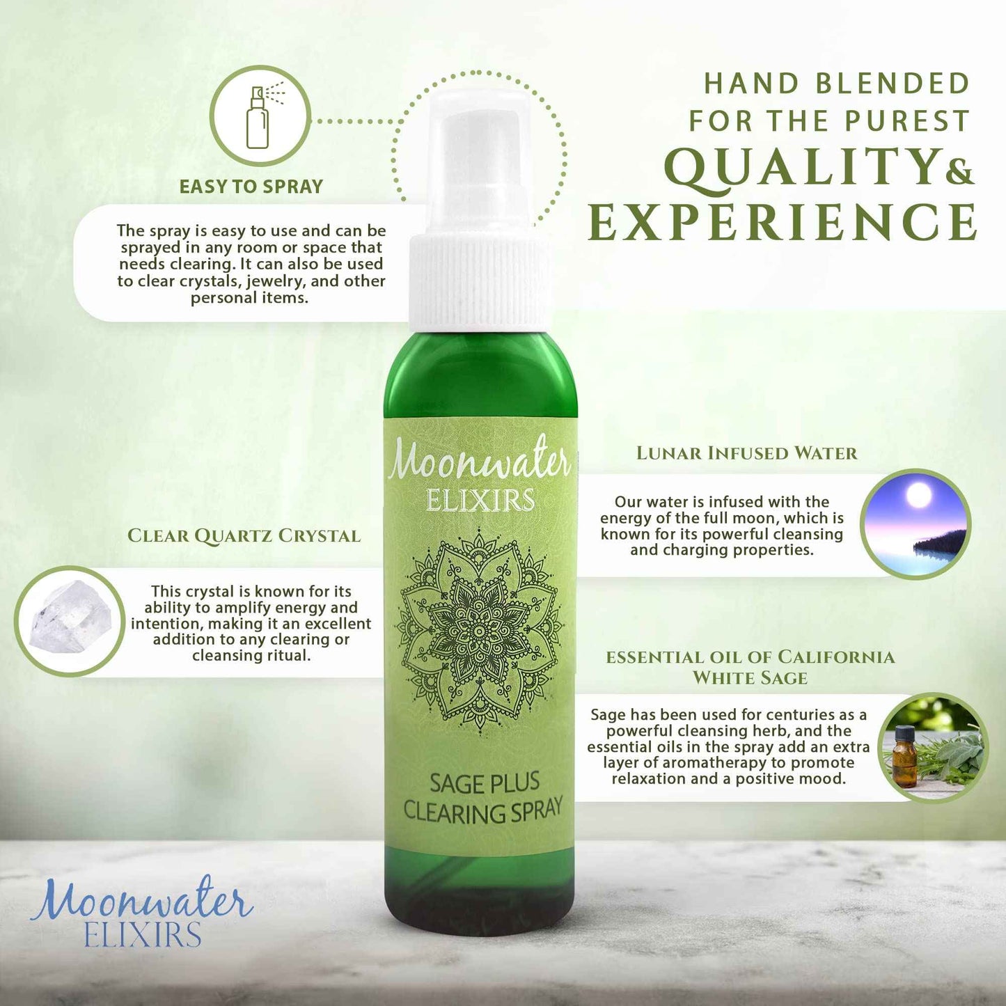 White Sage Energy Cleansing Smudge Stick & Spray for Negative Energy Removal, Reiki and Quartz Charged, Full Moon Enhanced, Aura Healing, Space Clearing, Spiritual Defense, Protection (8oz)