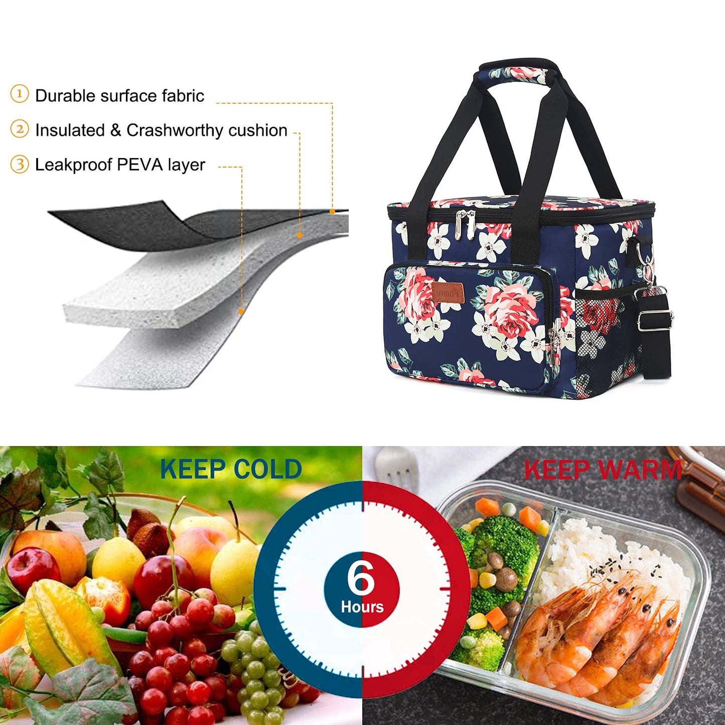 Femuar Lunch Bags for Women/Men, Insulated Lunch Bag for Work Office Picnic - Large Lunch Cooler Bag Leakproof Lunch Box with Adjustable Shoulder Strap for Adults - Floral(15L)