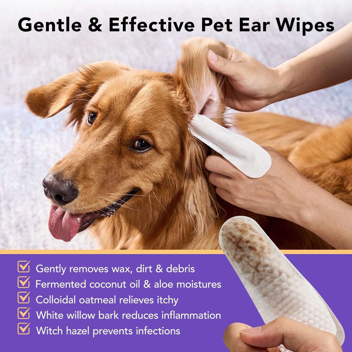 HICC PET Ear Finger Wipes for Dogs & Cats - Gently Remove Ear Wax, Debris - Sooths & Deodorizes - Relieve Ear Itching & Inflammation, Fresh Coconut Scent, All Natural Ingredients - 100 Count