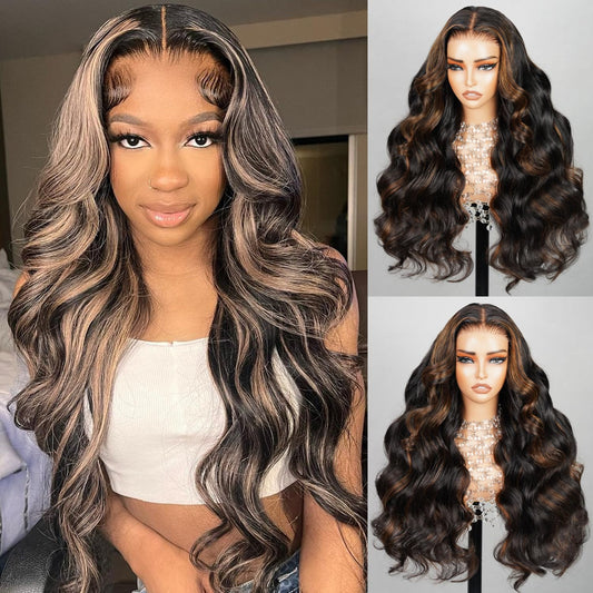 SUPERLOOK Wear and Go Glueless Wig Pre Plucked 12A 220% Density Highlight Lace Front Wig Human Hair 6x5 Pre Cut Ombre Lace Front Wigs Human Hair Bleached Tiny Knots（24Inch,1BP30 Body Wave Wigs）