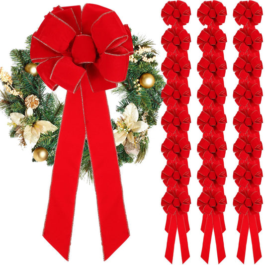 Kigeli Large Christmas Bow 10"x 26" Handmade Big Red Velvet Ribbon Outside Christmas Wreath Bow Christmas Tree Topper Ornament Bow for Indoor Outdoor Xmas Home Cabinet Decoration(24 Pcs)