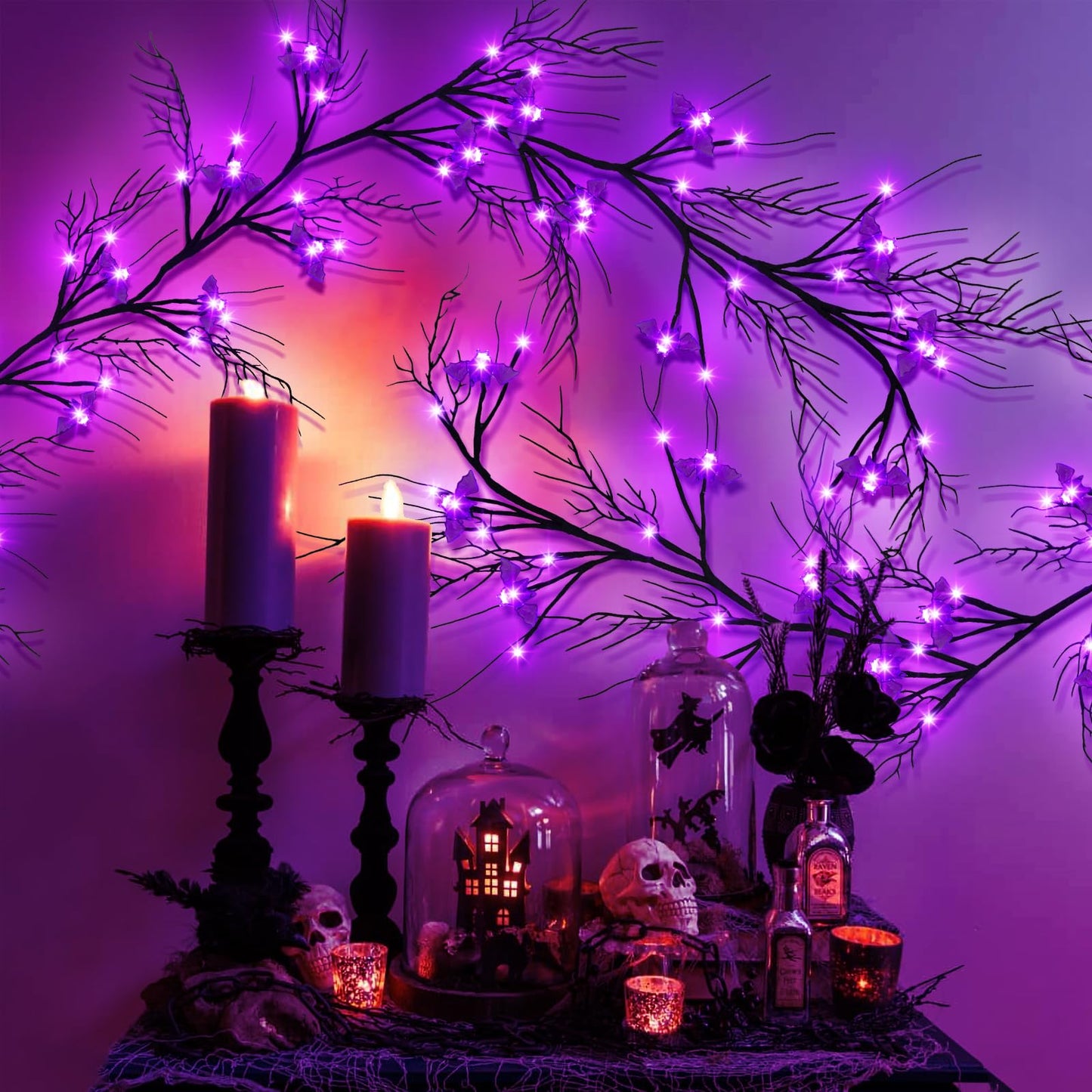 [Timer & 8 Modes] Krissing 6Ft 57 LED Halloween Willow Vine Twig Halloween Garland with 19 Bats Purple Lights Waterproof Battery Operated Halloween Lights Home Indoor Wall Fireplace Mantle Decor