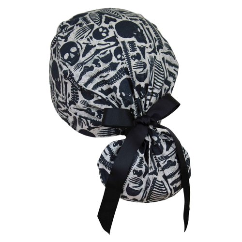 CALOMED Scrub Cap for Women and Men, Ponytail Scrub Caps, Working Hat, Head Cover with Ribbon Ties and Buttons, Long Hair (Vintage Skeleton)