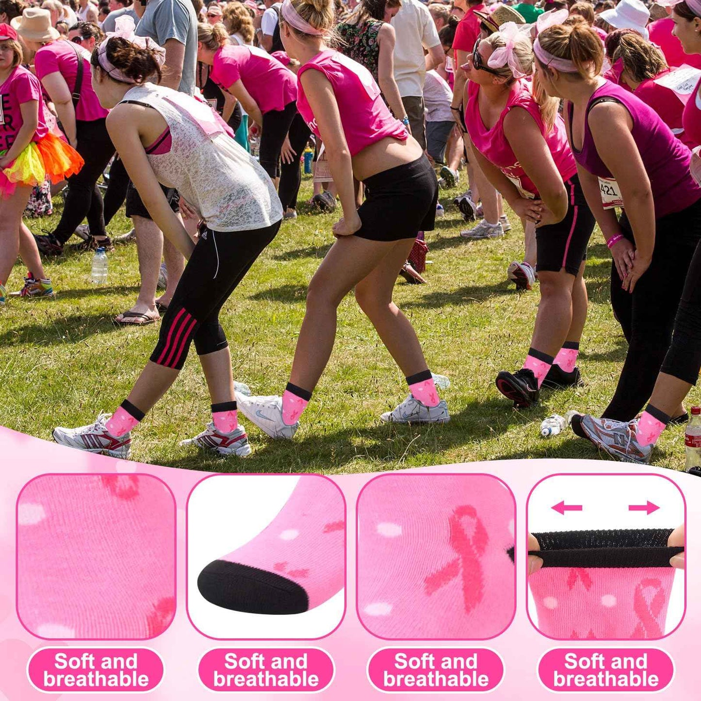 Chicingyou 36 Pcs Breast Cancer Care Gifts Set Bulk Pink Ribbon Keychain Women Socks Makeup Bag Chemo Gifts Breast Cancer Awareness Accessories for Friends Family