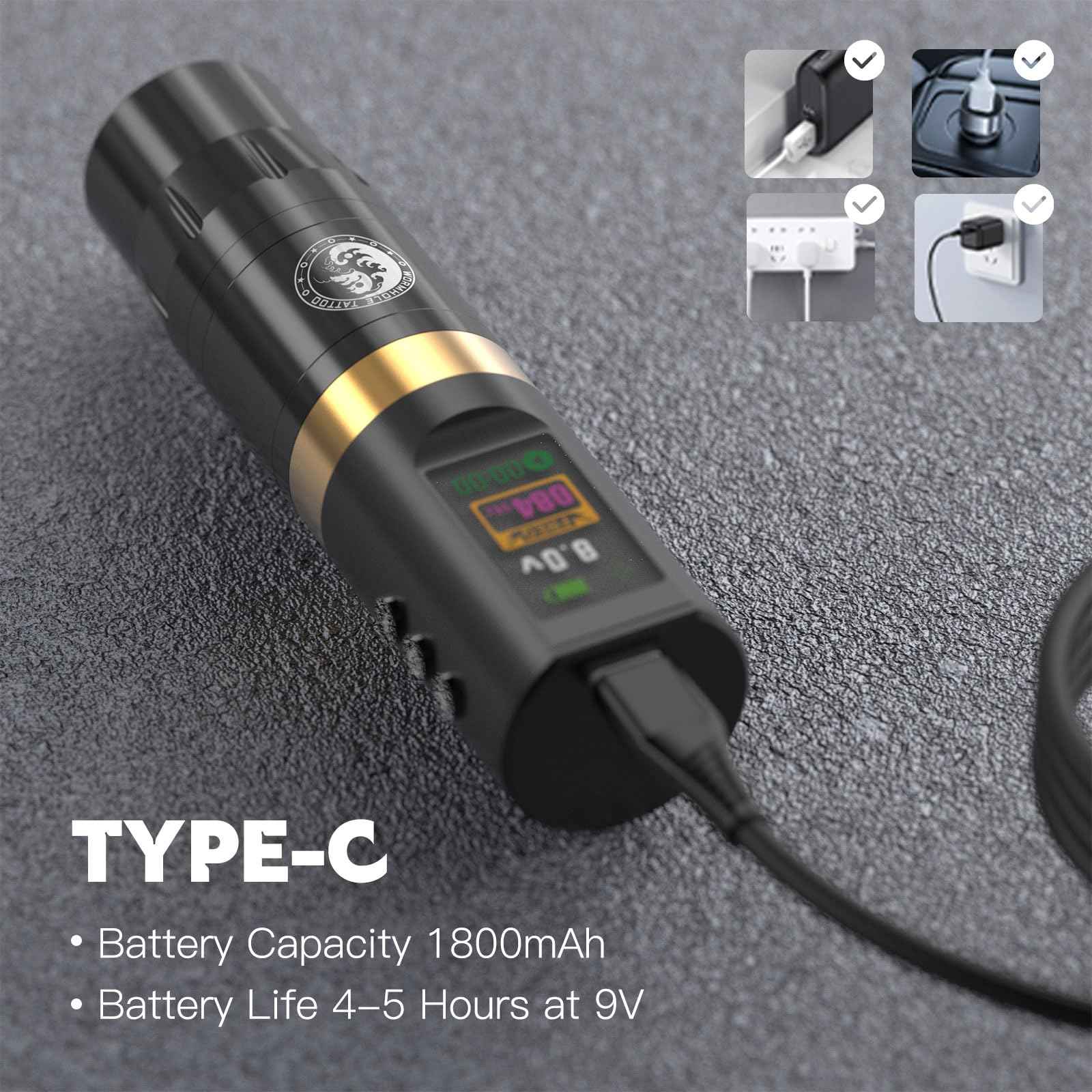 Wormhole Tattoo 58Pcs Complete Tattoo Gun Kit - Aluminum Alloy LED Smart Tattoo Pen Wireless Tattoo Machine with 1800mAh Battery for Tattoo Beginners - Black WTK313