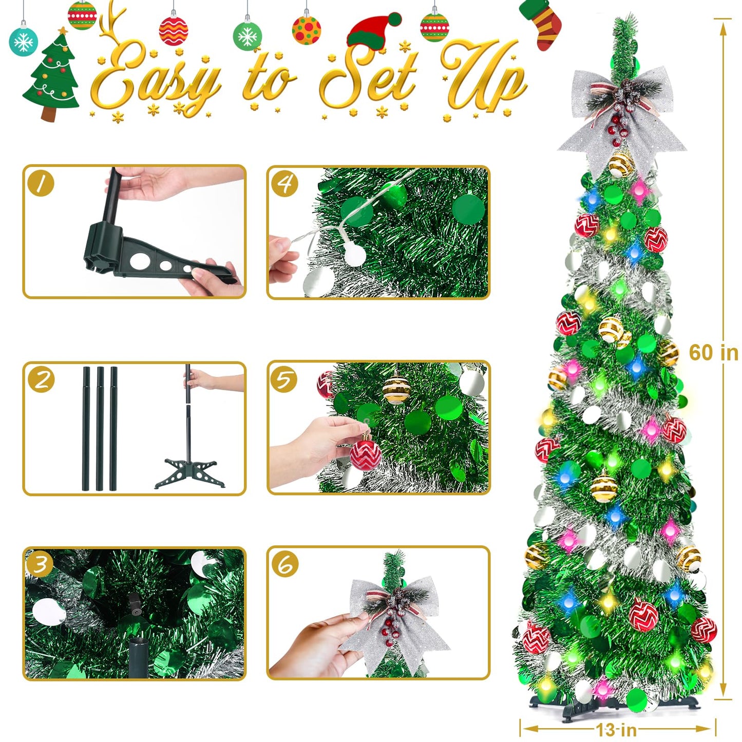 RACPNEL 5Ft Pop Up Tinsel Christmas Tree with Lights, Decorations, Sequins, Collapsible Pencil Christmas Tree Artificial, Holiday Indoor Christmas Decoration for Home, Office, Apartment Xmas Decor