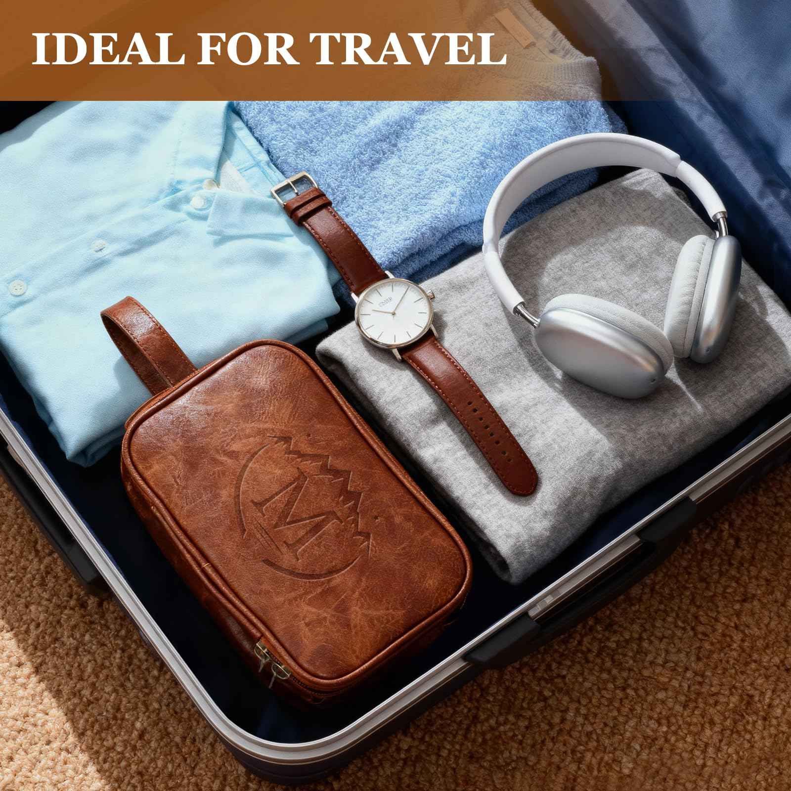MaqSacion Travel Toiletry Bag for Men,Mens Shaving Bags for Toiletries,Men's Toiletry Travel Bag Leather,Personalized Travel Essentials,Birthday Gifts For Men,Brown- M