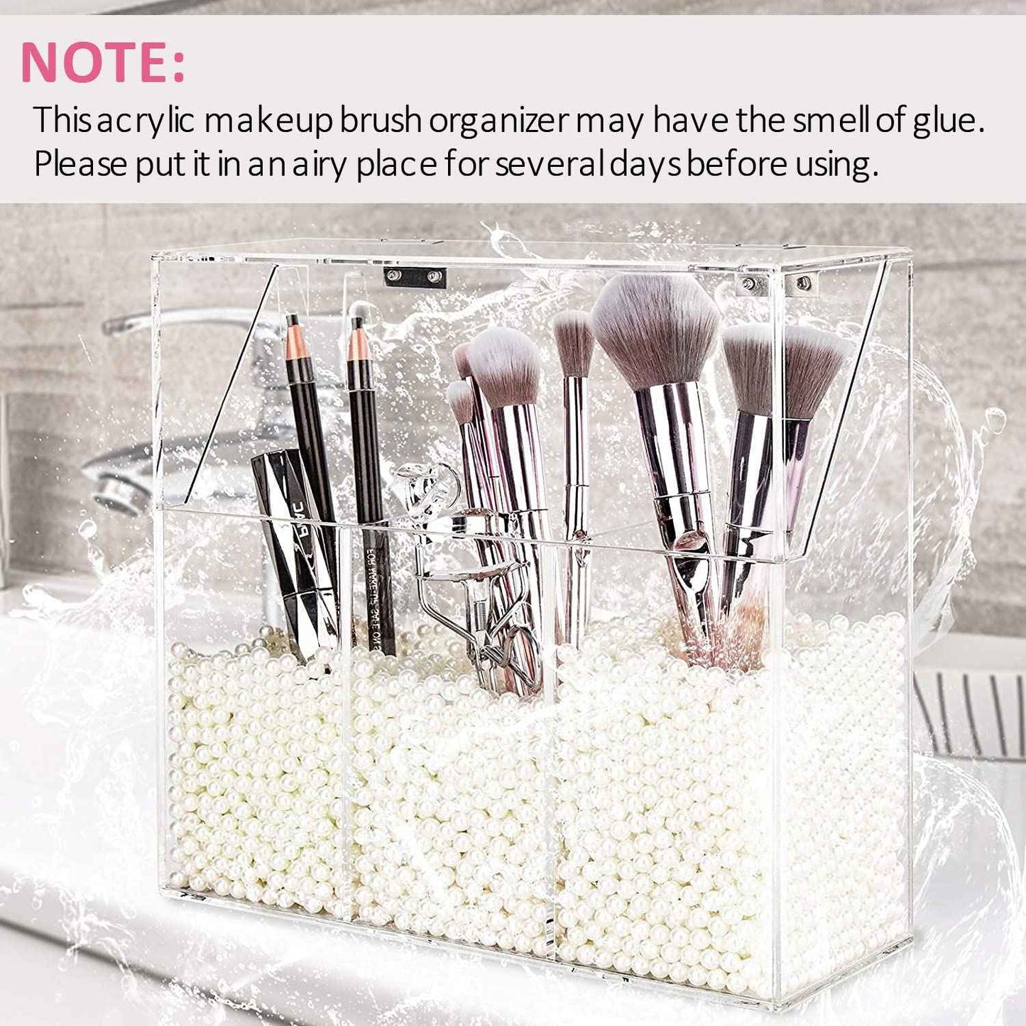 YestBuy Clear Makeup Brush Holder, Acrylic Makeup Brush Organizer For Vanity, Cosmetic Brush Storage Box with Pearls, For Bathroom, Bedroom, Vanity Countertop
