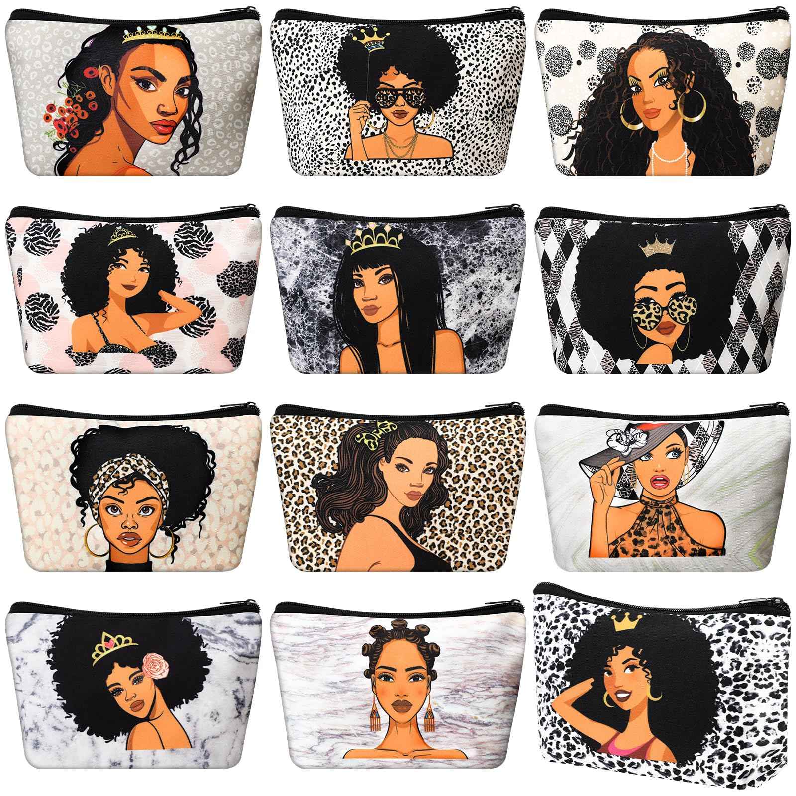 Umigy 12 Pcs African Girl Makeup Bag Black Girl Makeup Bag Afro Melanin Art Cosmetic Canvas Bags Funny Cute Reusable Toiletry Pouch Organizer Black Owned Business Gift for Women Lady(Leopard Print)