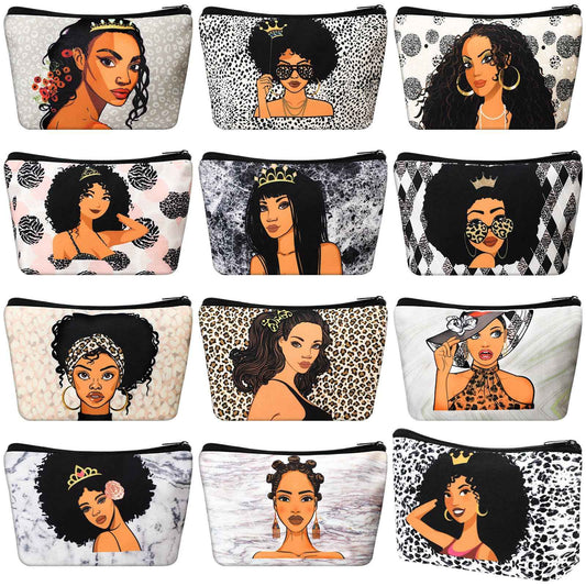 Umigy 12 Pcs African Girl Makeup Bag Black Girl Makeup Bag Afro Melanin Art Cosmetic Canvas Bags Funny Cute Reusable Toiletry Pouch Organizer Black Owned Business Gift for Women Lady(Leopard Print)