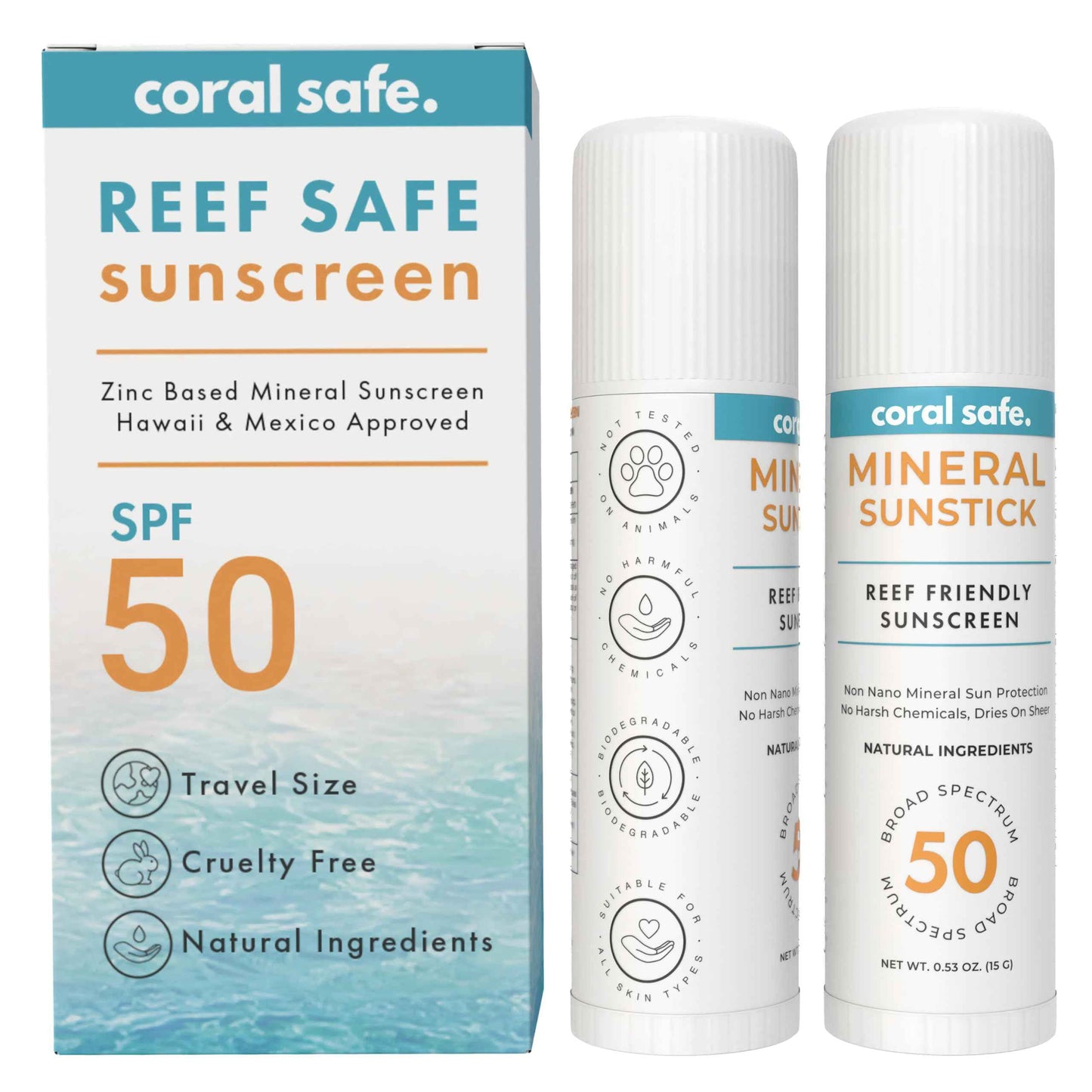 Reef Safe Sunscreen SPF 50 Mineral Face Stick 2 Pack, Hawaii & Mexico Approved, Biodegradable, Zinc, Vitamin E, Oxybenzone & Octinoxate Free, Water Resistant, Made in USA by Coral Safe
