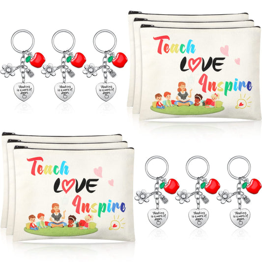 12 PCS Teacher Appreciation Gift Set 6 Teacher Kit Makeup Cosmetic Bags and 6 Teacher Keychains Valentines Graduation Gifts for Teacher (Delicate Style)