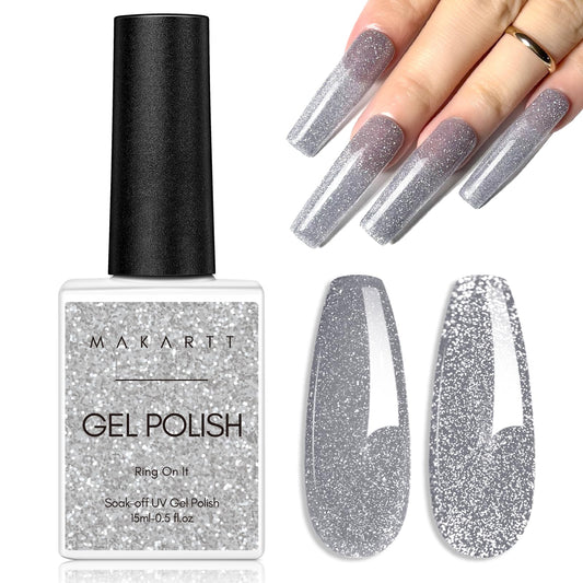 Makartt Reflective Glitter Gel Nail Polish RING ON IT Sparkling Disco Soak Off Diamond Gel Nail Art Christmas Gift DIY Manicure Salon at Home Glamour Shine Grey 15ML