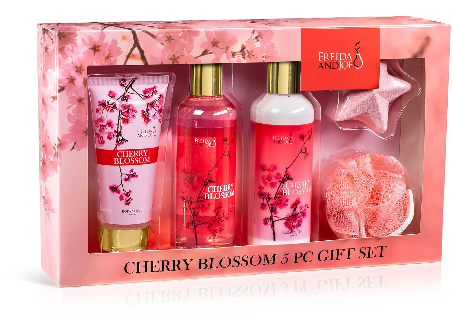 Bath and Body Gift Basket For Women – 5 Piece Set of Cherry Blossom Bath & Body Collection Gift Box, Includes Shower Gel, Body Lotion, Body Scrub, Bath Bomb & Sponge - Appreciation Gift Ideas