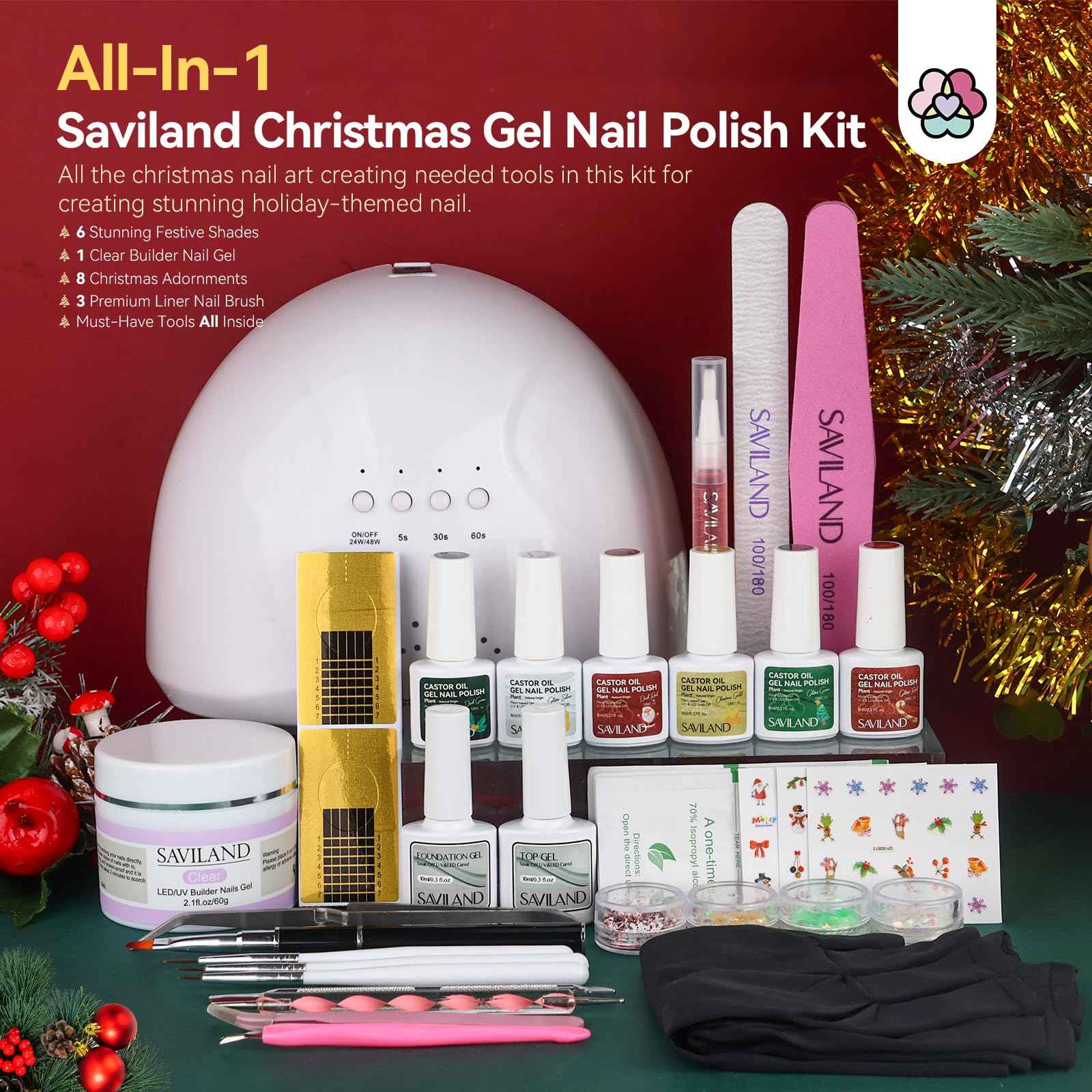 SAVILAND Christmas Gel Nail Polish Kit - 6 Colors Gel Nail Polish Kit with U V light Christmas Limited Series 2.12oz. Clear Builder Nail Gels UPF 200+ U V Protection Gloves Nail Tech Gifts