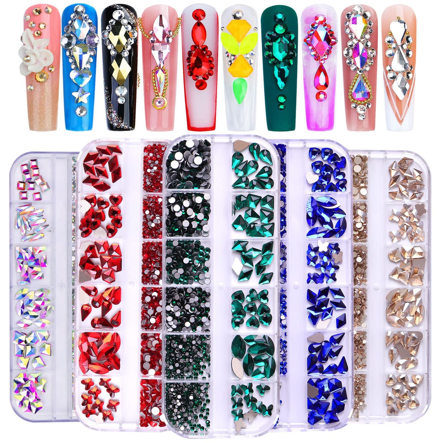 NAISKA 810Pcs Champagne Gold Crystal Nail Arts Rhinestones Round Beads Flatback Glass Gems Stones Multi Shapes Sizes Rhinestones Nail Crystals for Nail DIY Crafts