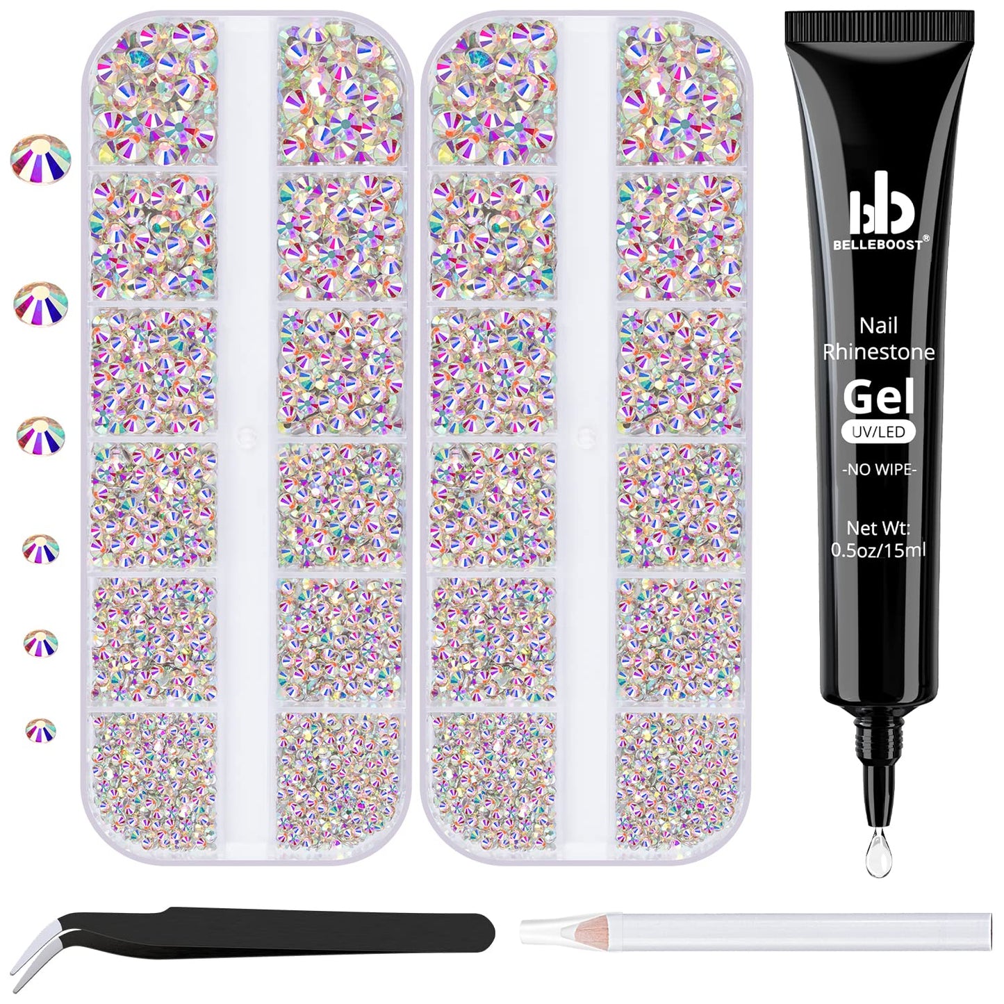 Nail Art Rhinestone Glue Gel&2 Boxes Flatback Gems Accessories Kit, 1 Tube of 15ml Rhinestone Gel Glue(UV/LED Needed)+Crystal AB Gems with Pickup Tools