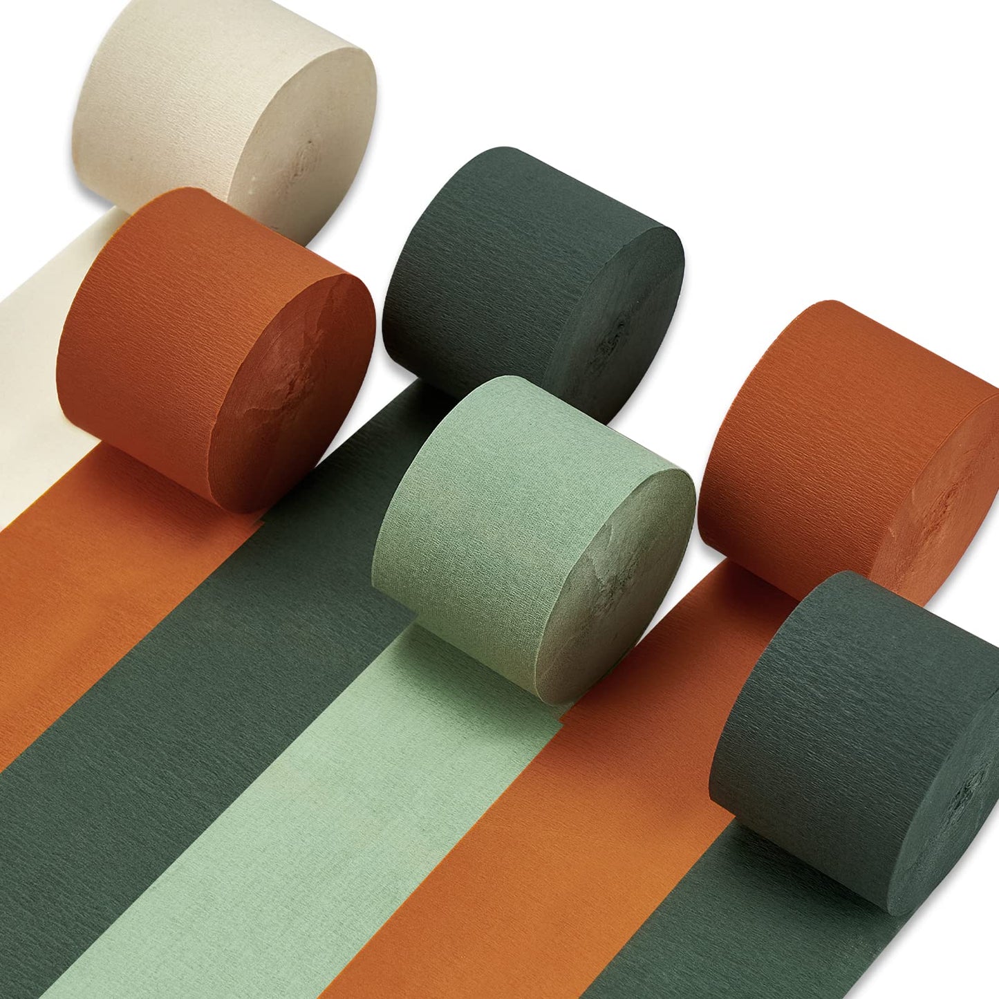 PartyWoo Crepe Paper Streamers 6 Rolls 492ft, Pack of Pumpkin Orange, Hunter Green, Sage Green, Ivory Crepe Paper for Birthday Decorations, Party Decorations, Wedding Decorations (1.8 In x 82 Ft/Roll)