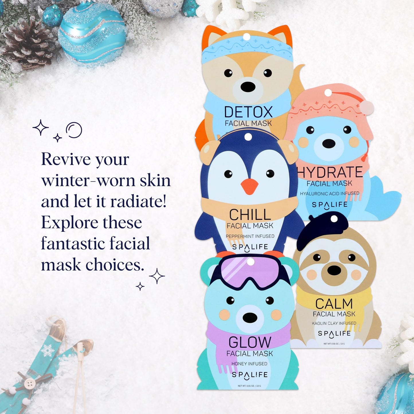 SpaLife Snow Buddies Facial Mask 10 Pack - Hydrating Character Sheet Masks for Women, Moisturizing Skincare Variety Set for Glowing Skin - Korean Facial Mask Spa Treatment with Natural Ingredients