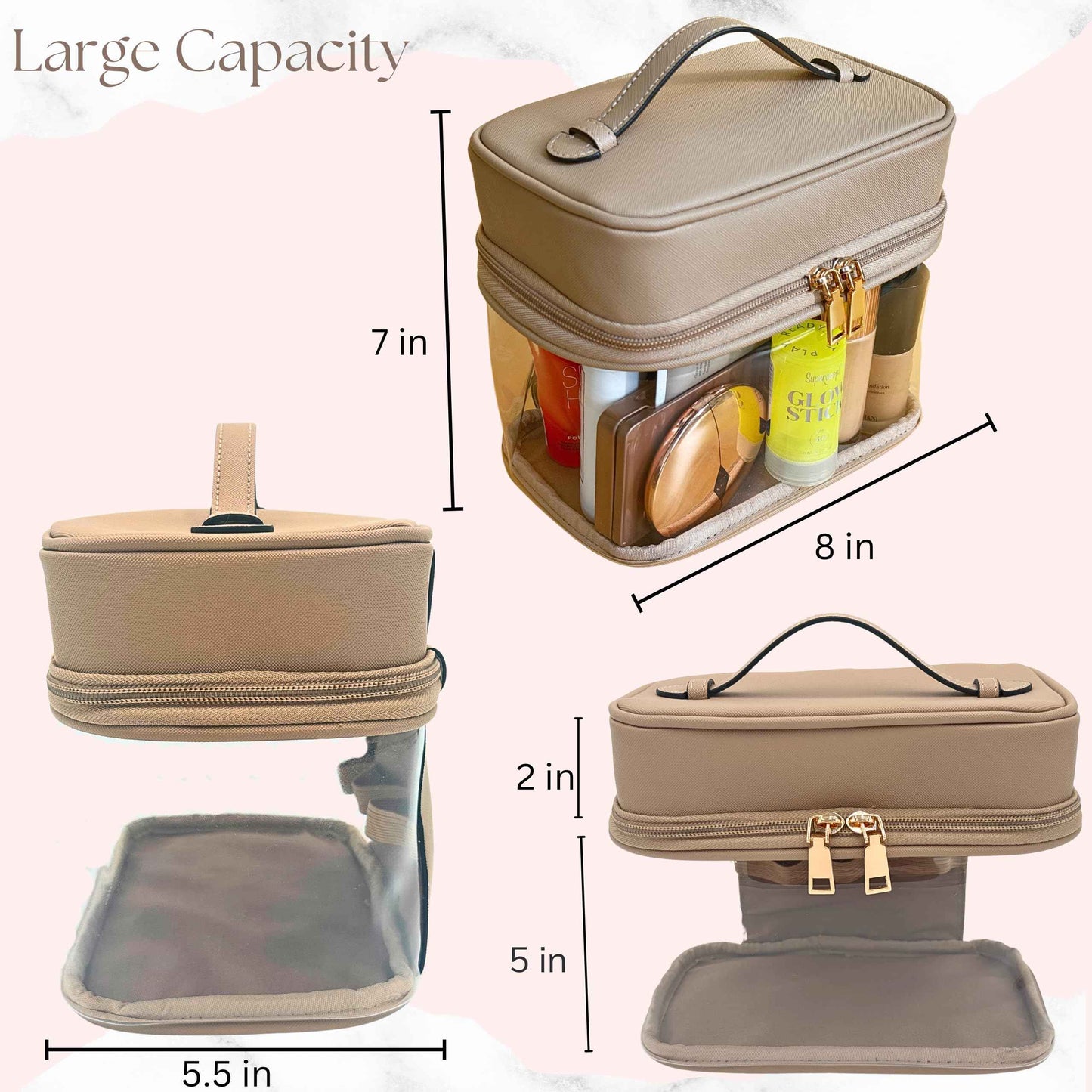 JAZD Clear Makeup Bag Toiletry Bag for Women Cosmetic Large Capacity Travel Make Up Bag Organizer Transparent Train Case TSA Approved (BEIGE)