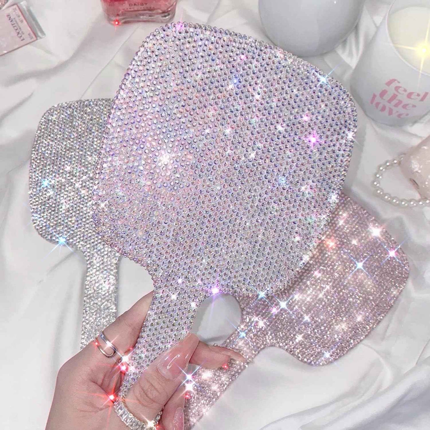 TISHAA Bling Handheld Makeup Mirror – Sparkly Crystal Rhinestone Compact Mirror for Women, Cute Portable Vanity Mirror for Travel, Purse, Gift for Her (White AB)