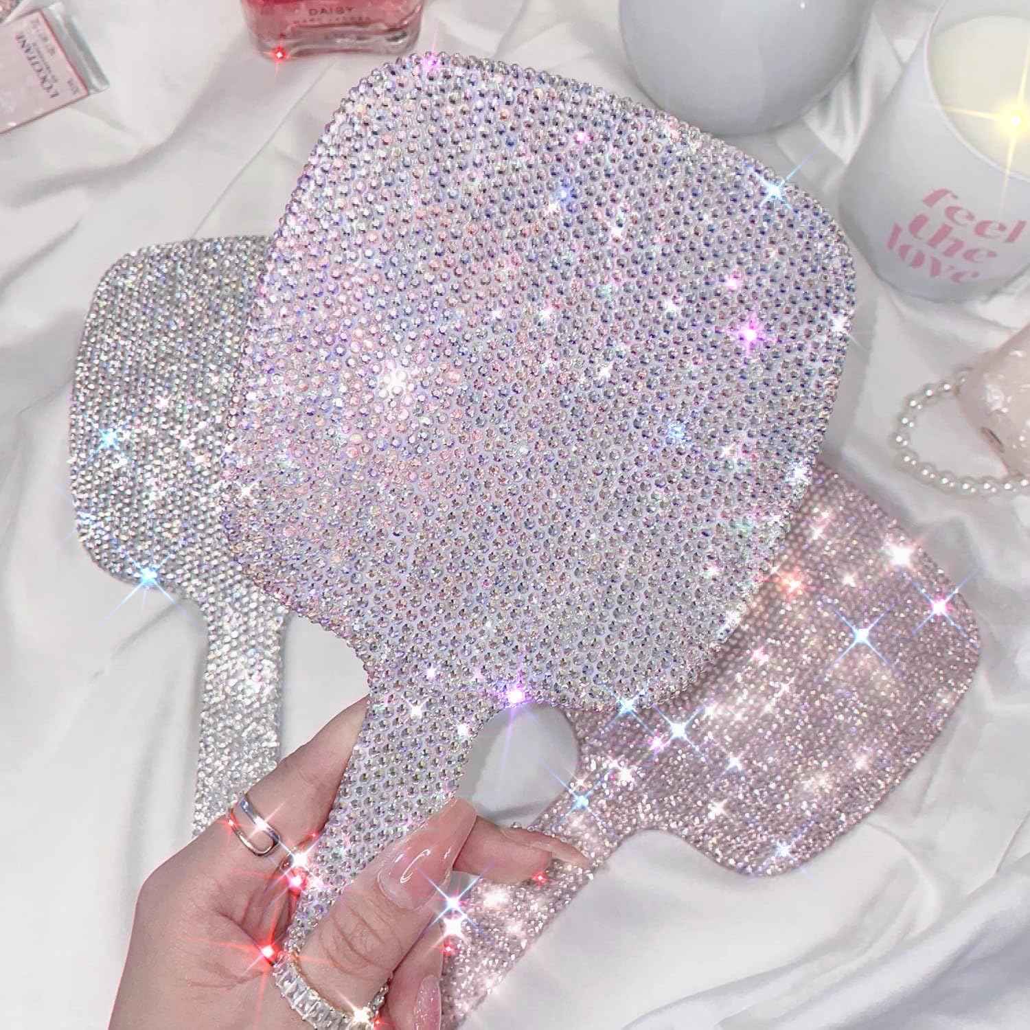 TISHAA Bling Handheld Makeup Mirror – Sparkly Crystal Rhinestone Compact Mirror for Women, Cute Portable Vanity Mirror for Travel, Purse, Gift for Her (White AB)