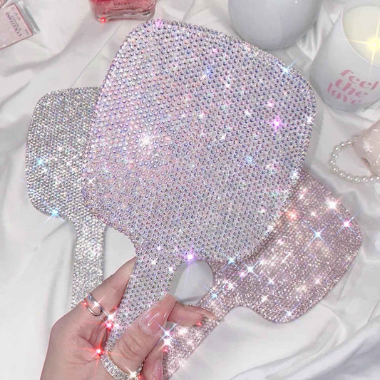 TISHAA Bling Handheld Makeup Mirror – Sparkly Crystal Rhinestone Compact Mirror for Women, Cute Portable Vanity Mirror for Travel, Purse, Gift for Her (White AB)