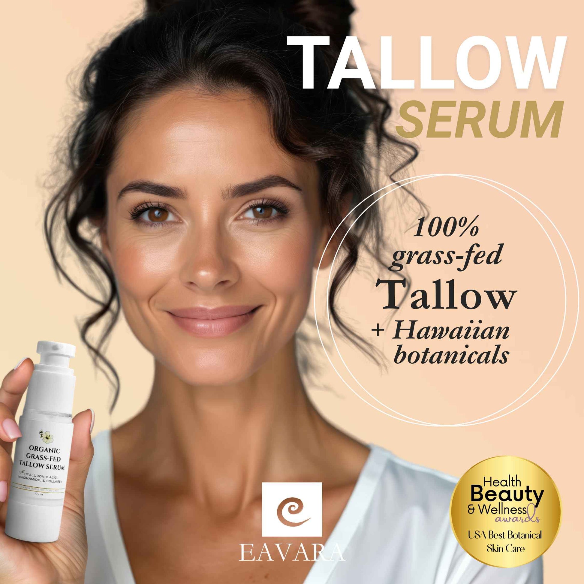 Eavara Beef Tallow Serum for Men & Women - Grass Fed All-Natural Tallow with Hyaluronic Acid, Collagen & Jojoba Oil - Firms & Reduces Wrinkles - Made in USA, Sensitive Skin Safe - 1.0 Fl Oz