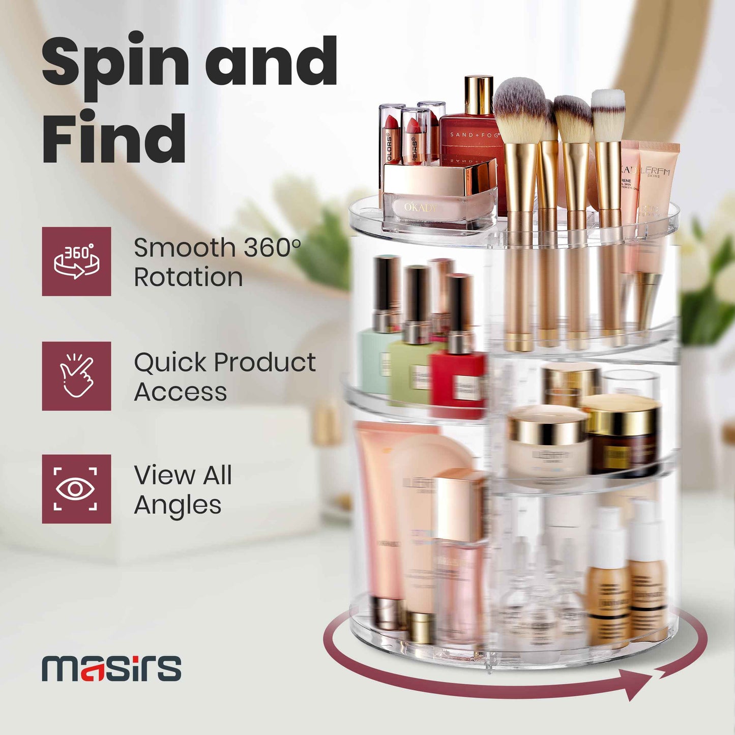 Masirs 360 Rotating Makeup Organizer Countertop - Adjustable Shelf Height - The Perfect Round Spinning Cosmetic Organizer for Bedroom Dresser or Vanity Countertop Storage (Clear)
