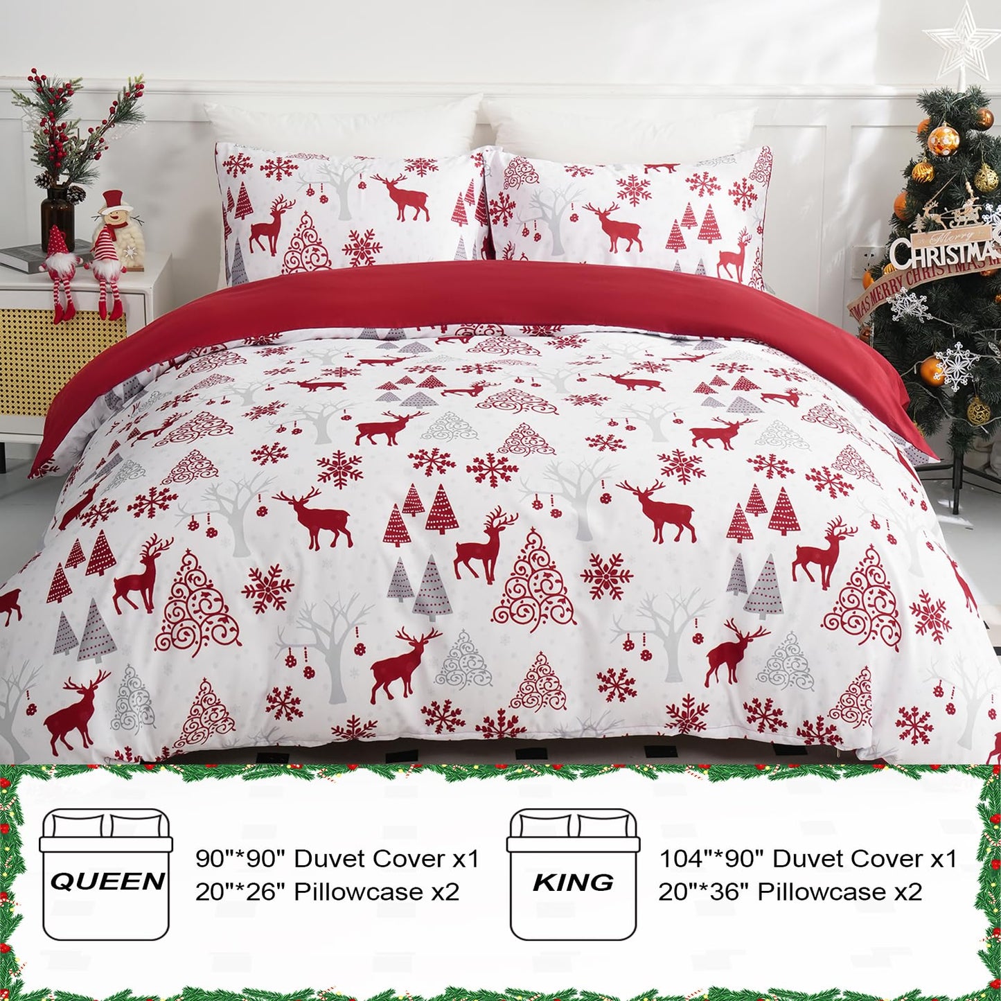 Christmas Duvet Cover Set King Reindeer Snowflakes Bedding Set Soft Microfiber Quilt Duvet Cover with 2 Pillowcases for Home Decoration