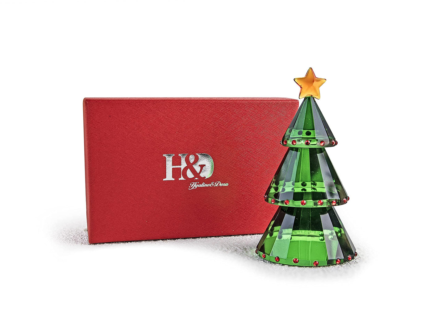 H&D Green Crystal Glass Christmas Tree Holiday Figurine with Gift Box