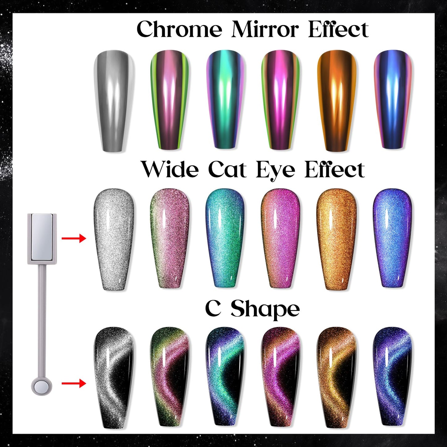 MIZHSE 9D Cat Eye Chrome Nail Powder Mirror Effect, Silver Magnetic Glitter Pigment Powder for Gel Nails Chameleon Cateye Magic Galaxy Nail Art Powder with Magnet