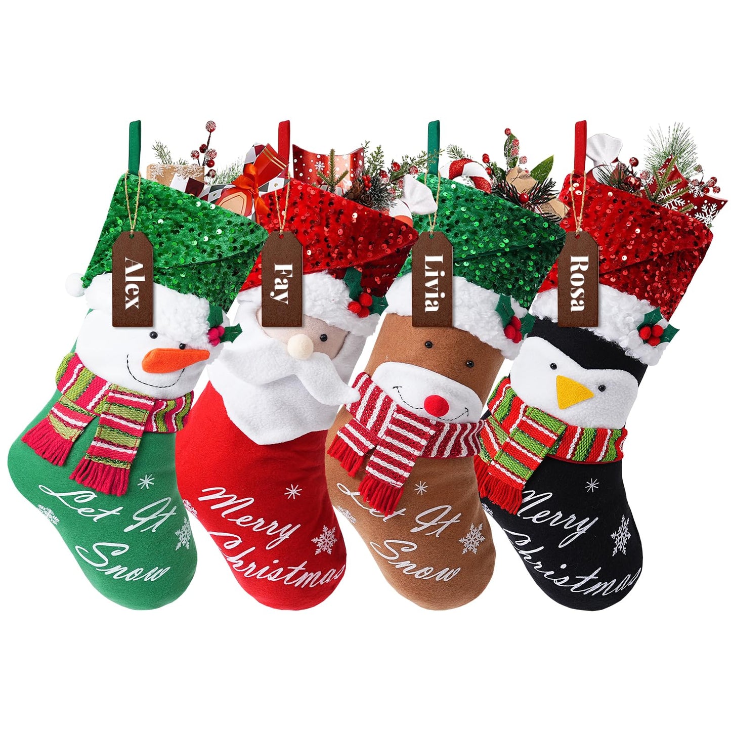 NIBESSER Christmas Stockings Set of 4, 18" Sequins Classic Farmhouse Large Christmas Stockings with 3D Santa, Snowman, Polar Bear, Penguin for Family Holiday Party Christmas Decorations