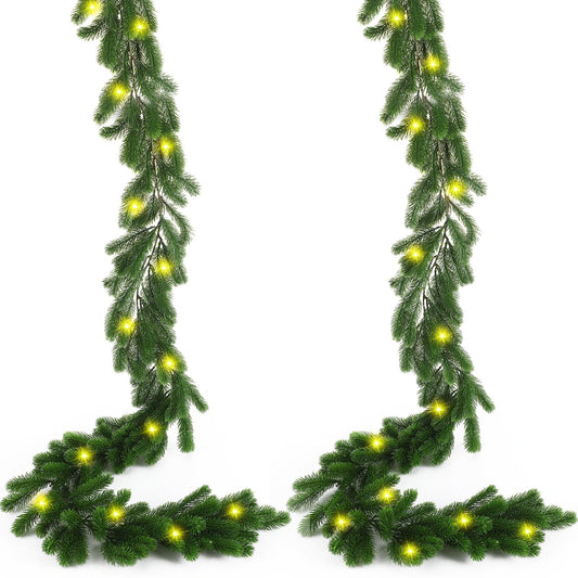 2 Pack 6ft Christmas Norfolk Pine Garland with LED, Artificial Greenery Garland for Mantle Pine Cypress Vines with Lights for Christmas Table Mantle Background Wall Room Outdoor Indoor Decoration