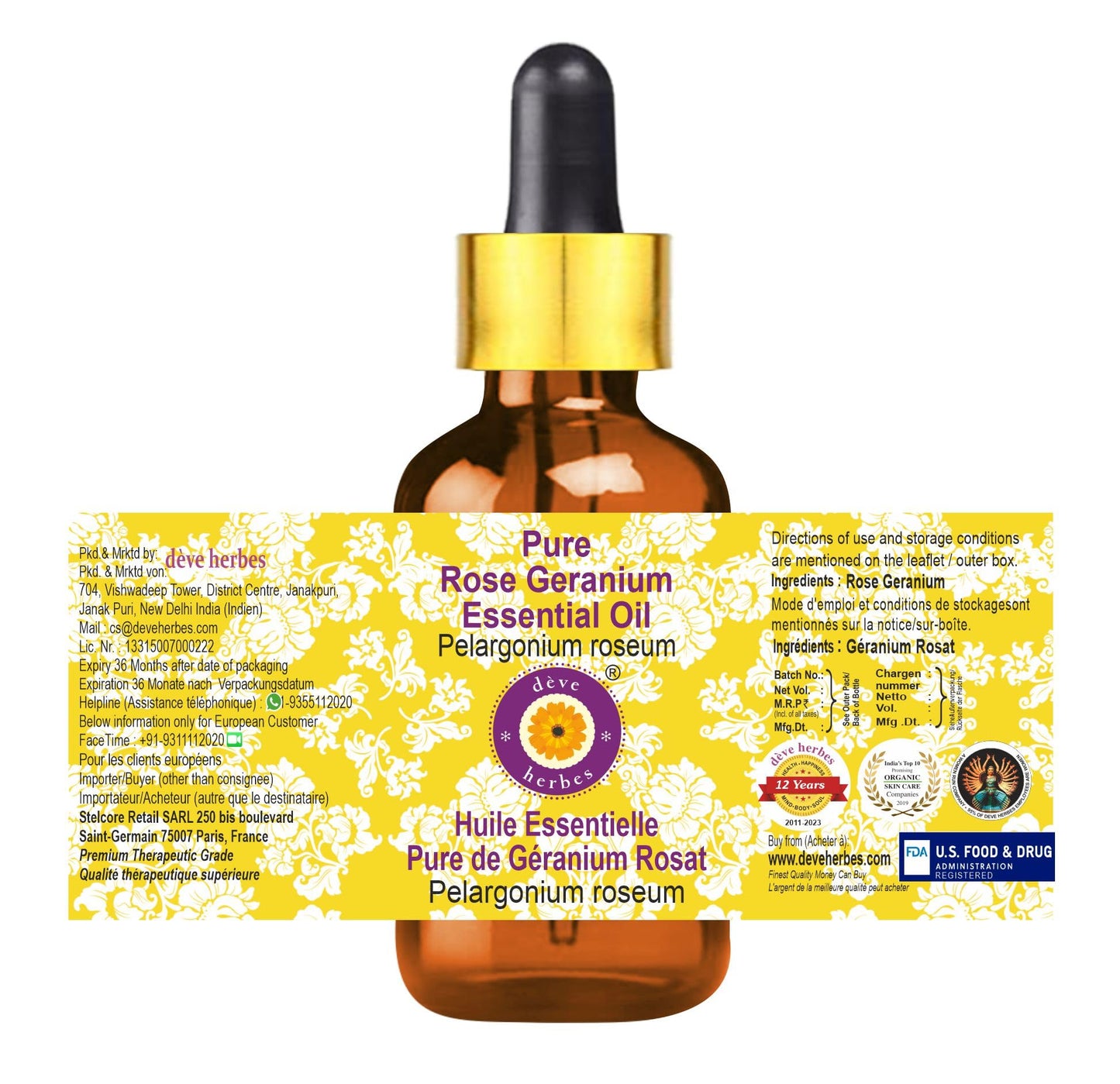 Deve Herbes Pure Rose Geranium Essential Oil (Pelargonium roseum) with Glass Dropper Steam Distilled 5ml (0.16 oz)