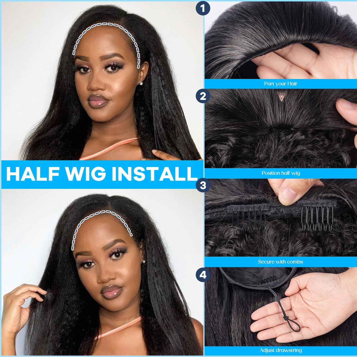 Prosa Kinky Straight synthetic Hair Half Wig, 3-in-1 Glueless Clip In Drawstring Headband Wig, Seamless Flip Over Style for Women 1B (22inch)