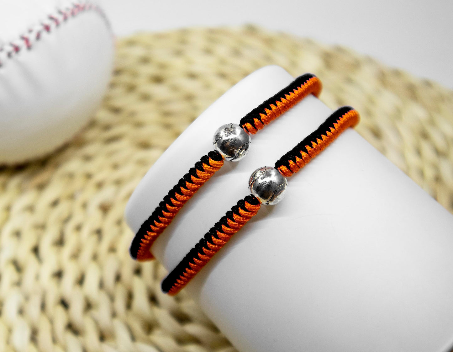 Handmade Braided Bracelets Baseball Gifts for Boys Adjustable Wristbands with Baseball Beads, Inspirational Baseball Bracelets for Girls Teens Adults (Black Orange 2PCS)