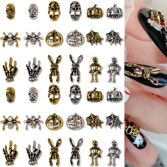 36Pcs 3D Halloween Nail Charms Skull Nail Art Charms Punk Metal Vintage Nail Jewelry Accessories for Halloween DIY Nail Art Craft Decoration Supplies