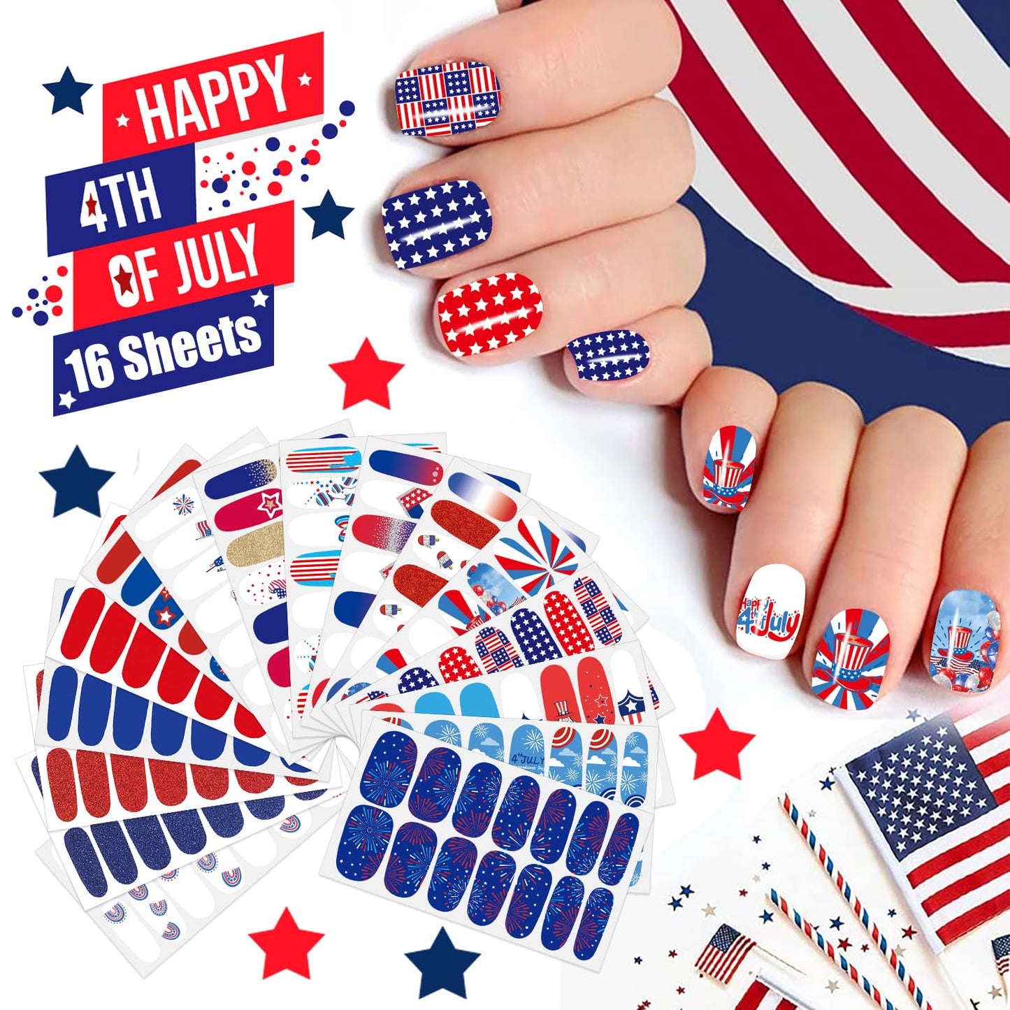 JERCLITY 224 Pieces 16 Sheets 4th of July Nail Wraps Independence Day Nail Polish Strips with Nail File Patriotic American Flag Nail Strips Self-Adhesive Solid Color Nail Stickers for Memorial Day