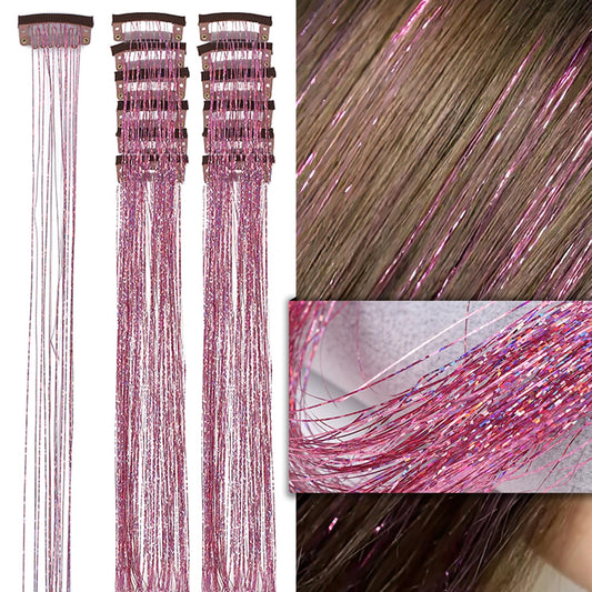 LANCAINI Clip-in Hair Tinsel Extensions Pack of 12 clips 20 Inch,Pink Glitter Tinsel Hair Extensions,Festival Gift Tinsel Fairy Hair Extension Party Dazzle for Women Girls Kids