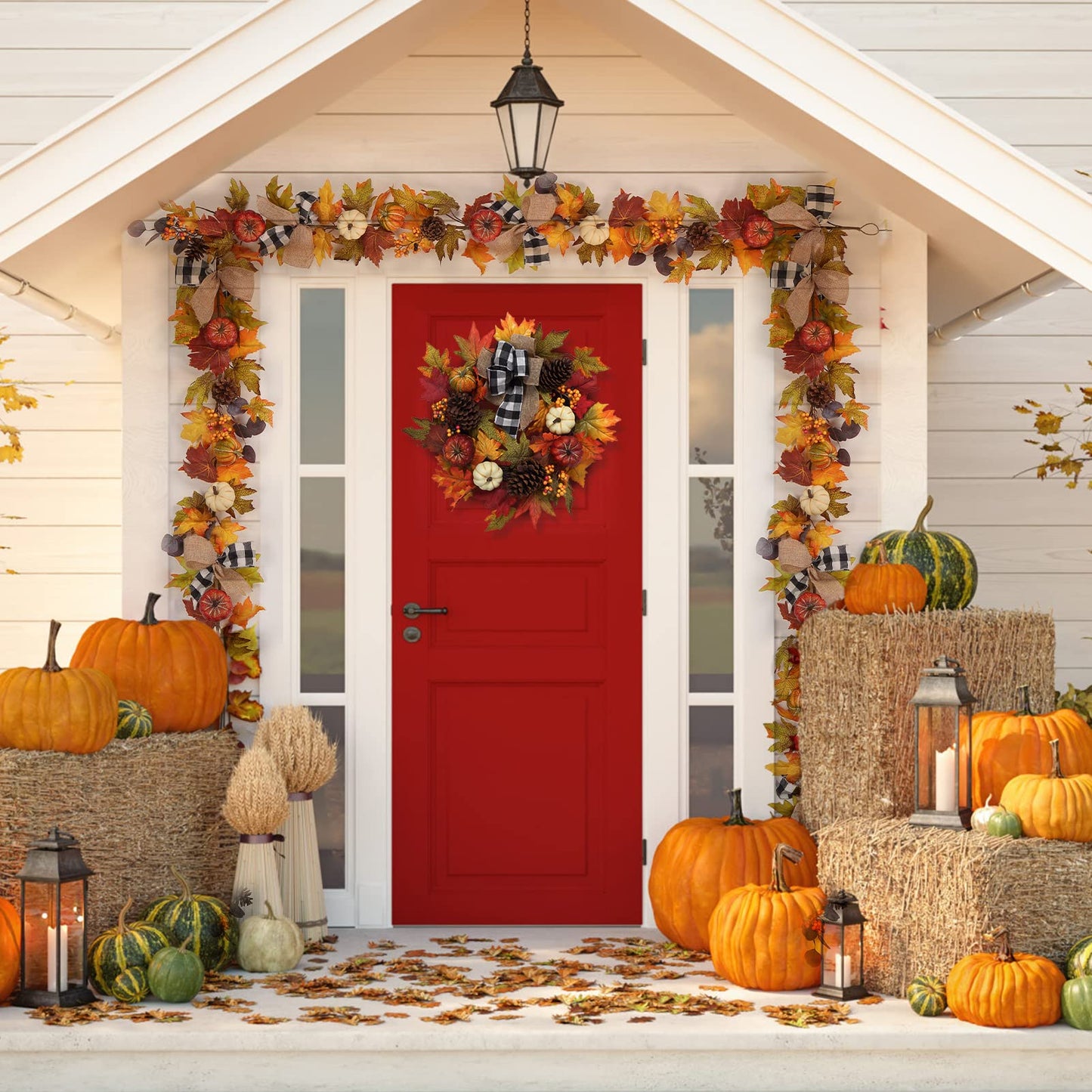 Adeeing 6 Ft Thanksgiving Fall Garland Decor, Artificial Autumn Garlands with Pumpkins, Maple Leaves, Ribbon and Pine Cone for Indoor Outdoor Fireplace Window Home Decoration